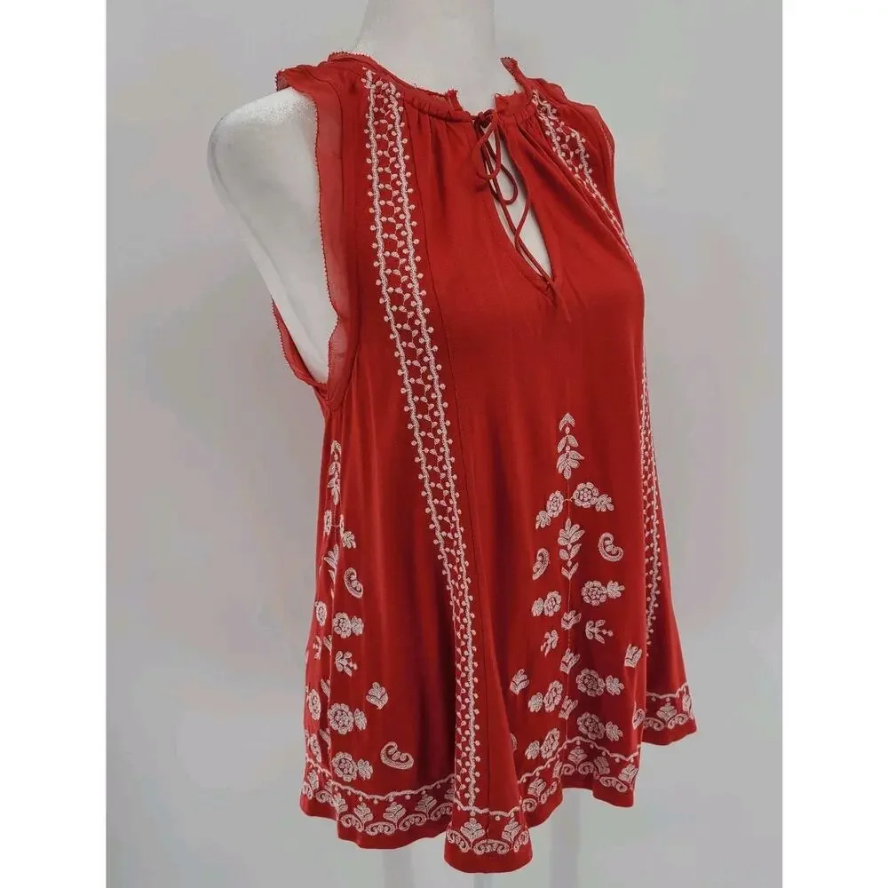 Anthropologie Embroidered Tank Top Small‎ Red Keyhole Bohemian Festive Paisley